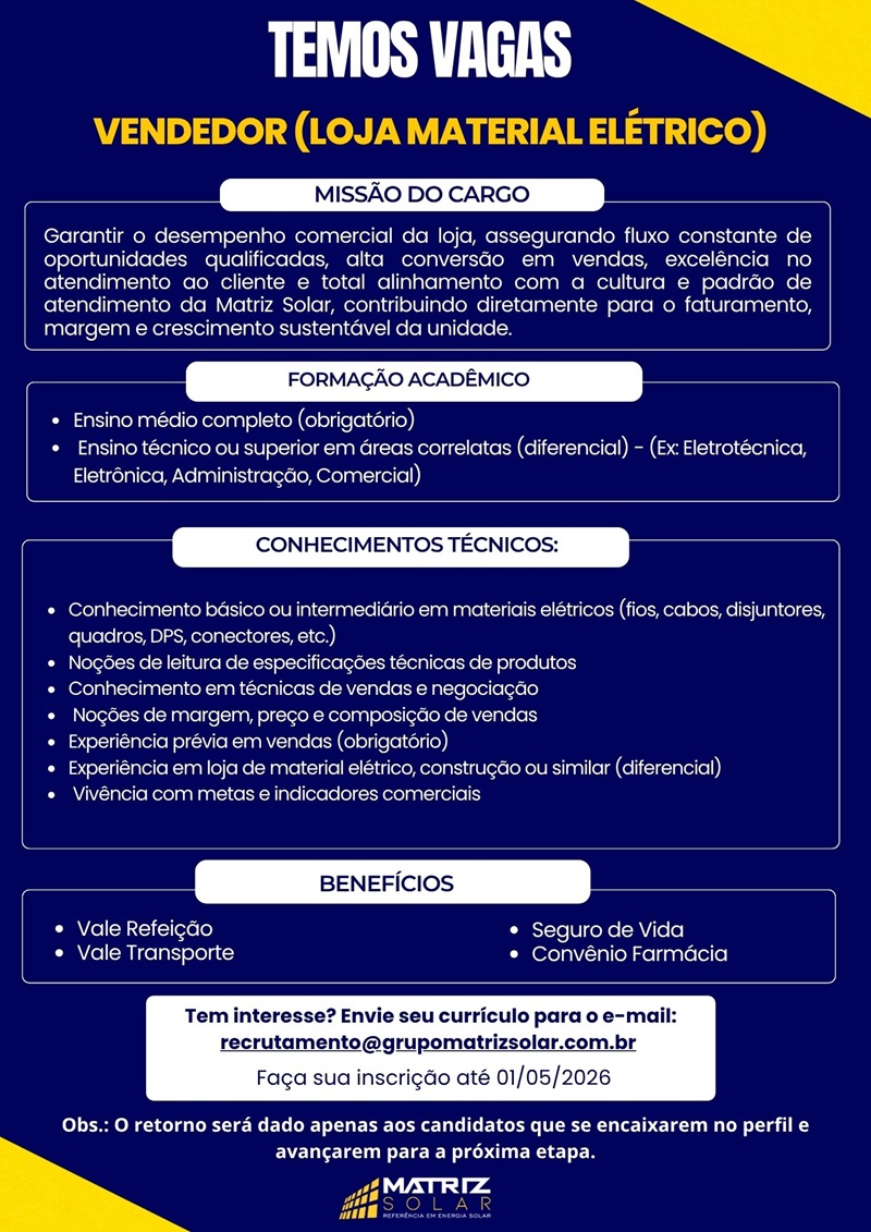 Matriz Solar contrata Vendedor (Loja de Material Elétrico)