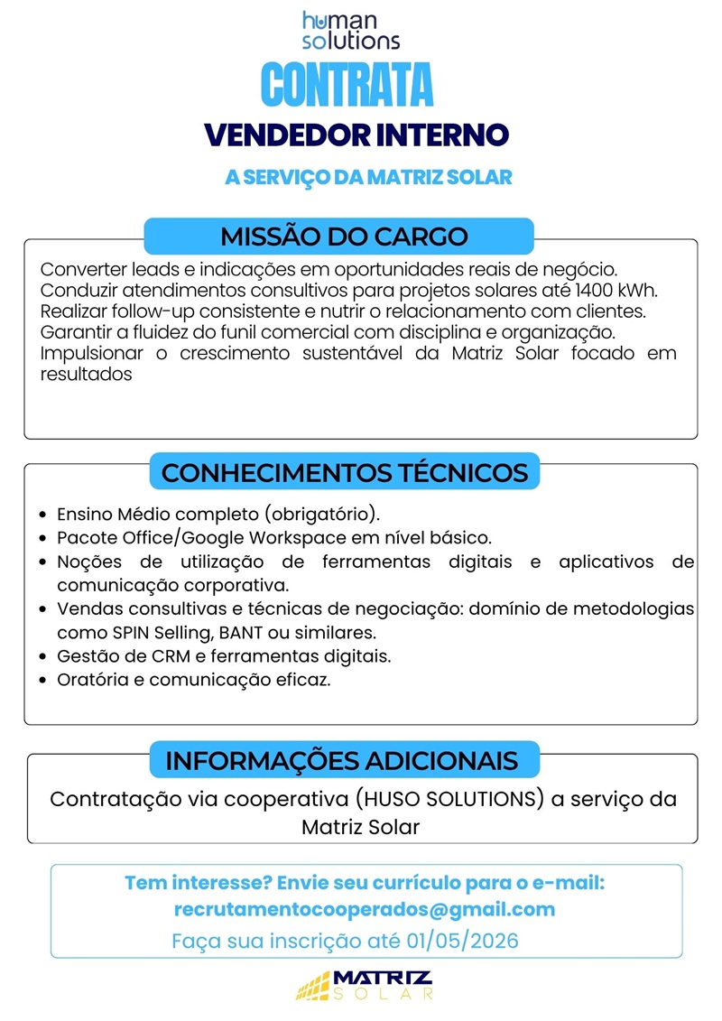 Human Solutions contrata Vendedor Interno