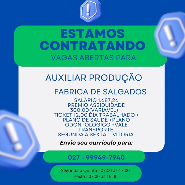 Fábrica de Salgados contrata Auxiliar de Produção