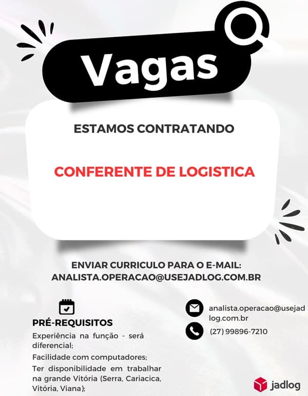 JADLOG CONTRATA CONFERENTE DE LOGISTICA