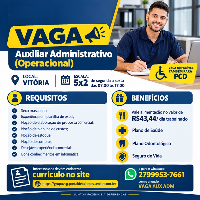 Vaga para Auxiliar Administrativo (Operacional)