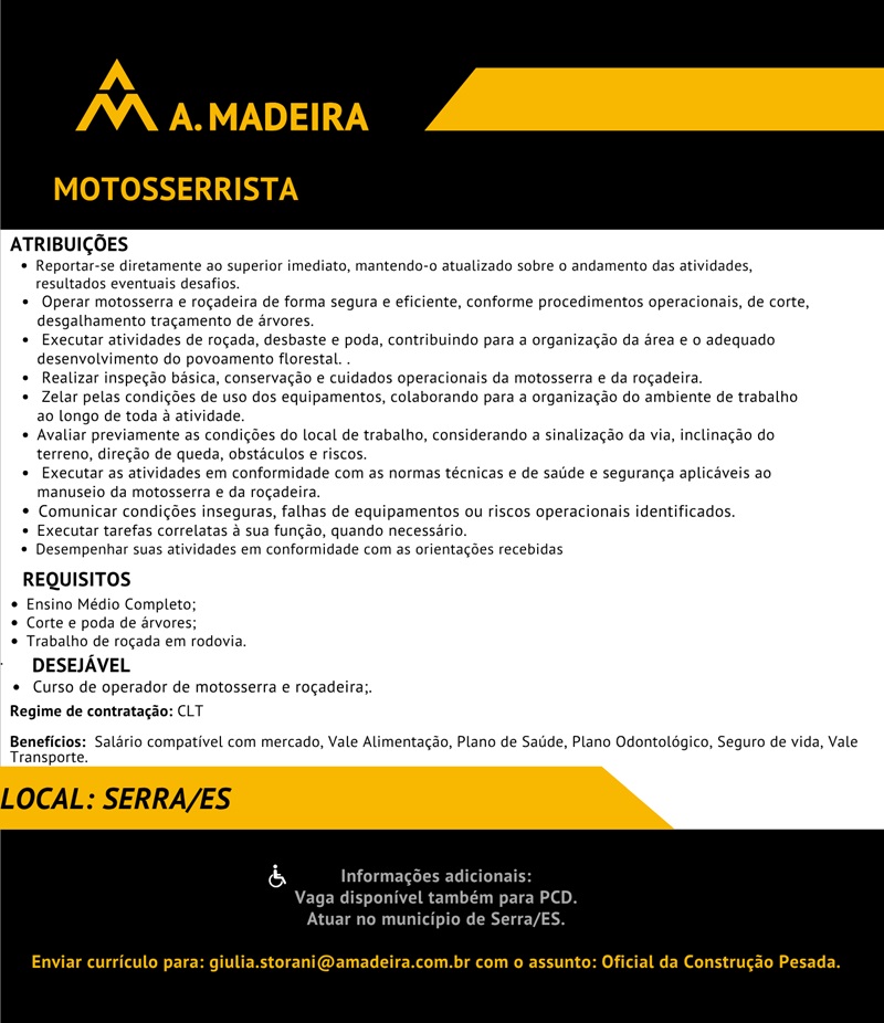 Grupo A. MADEIRA contrata Motosserrista