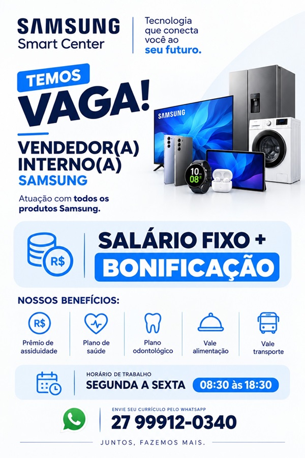 Samsung Smart Center contrata Vendedor(a) Interno(a)