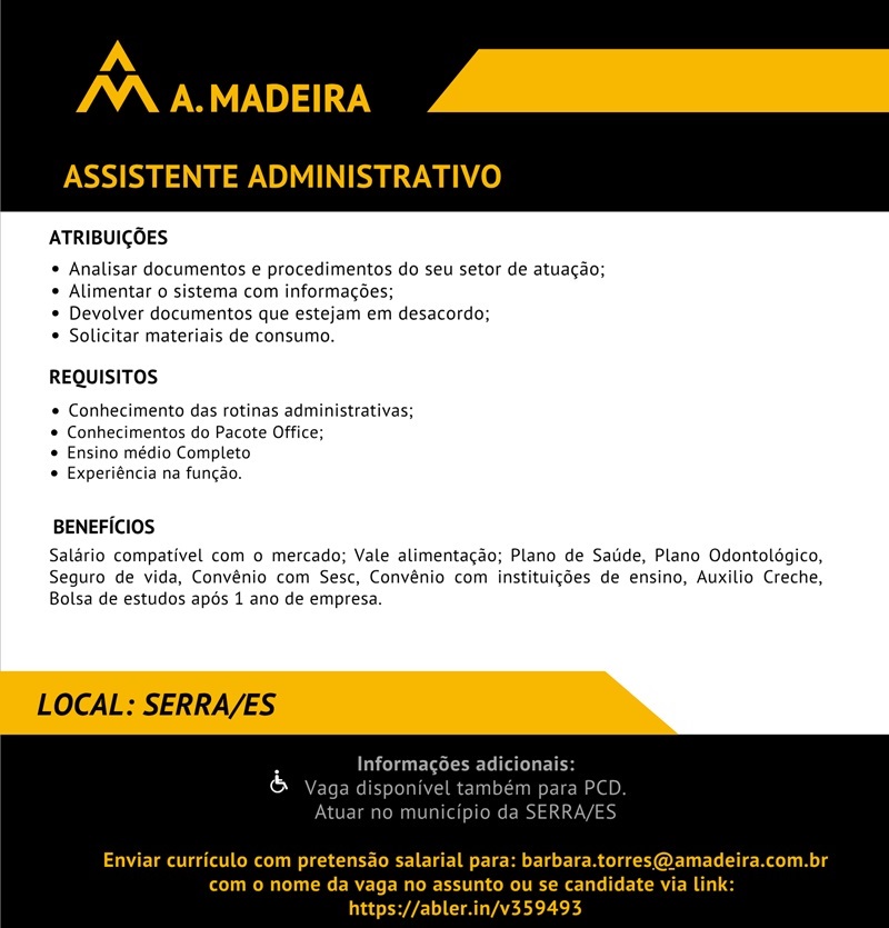 Grupo A. MADEIRA contrata Assistente Administrativo