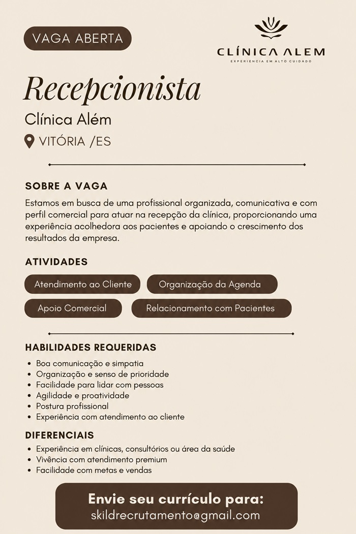Vaga para Recepcionista – Clínica Além (Vitória / ES)