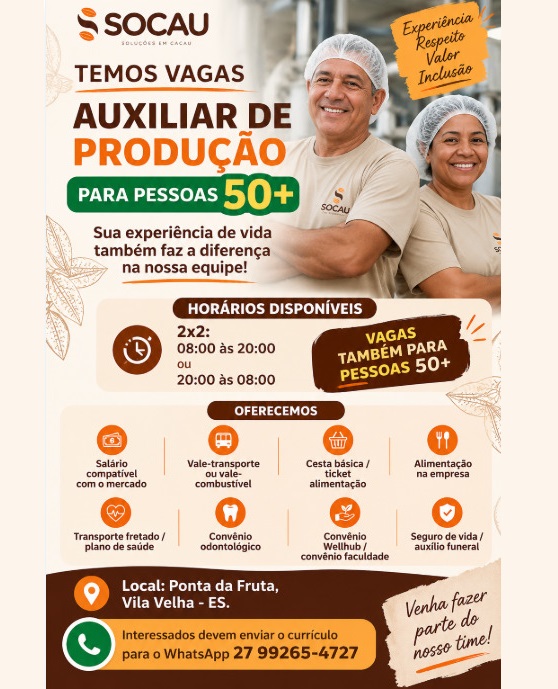 SOCAU abre vagas de Auxiliar de Produção para Pessoas 50+