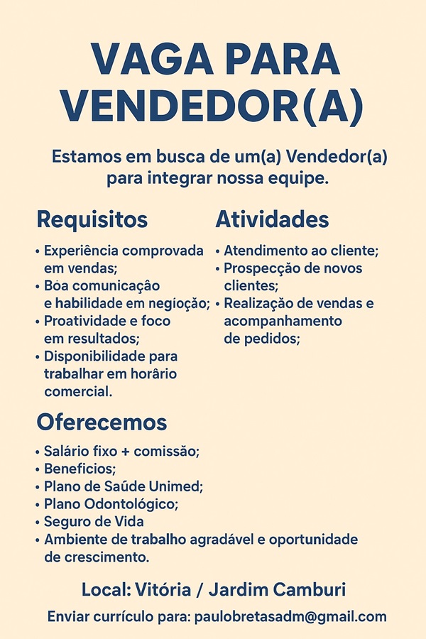 Vaga para Vendedor(a)