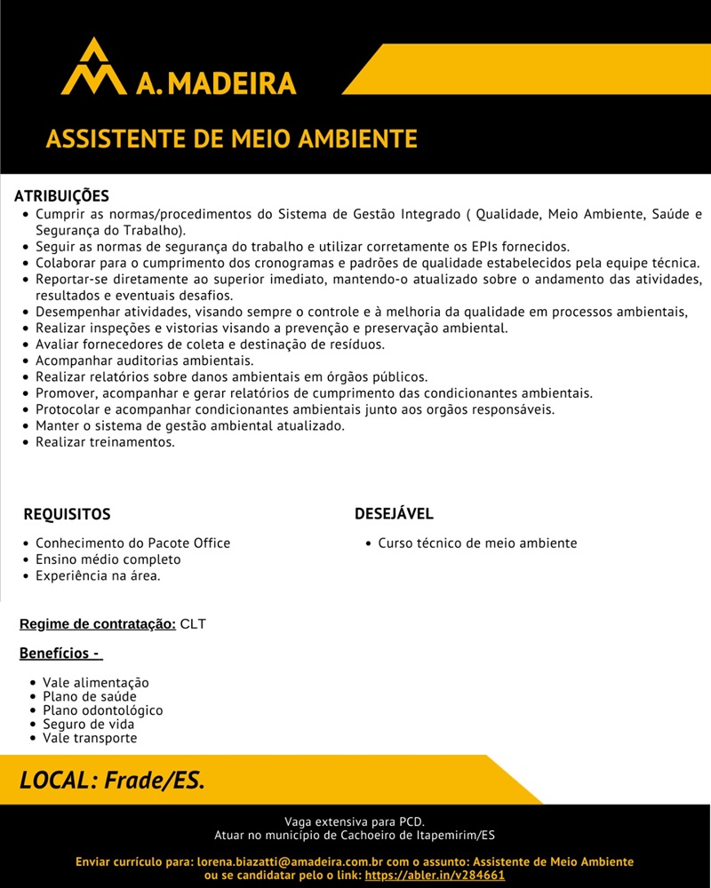 Vaga para Assistente de Meio Ambiente (Frade/ES)