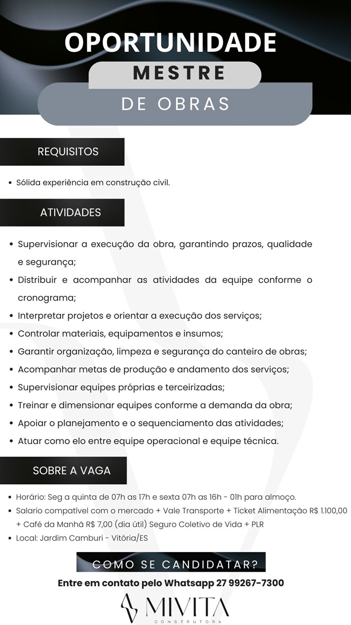 MIVITA CONTRATA MESTRE DE OBRAS