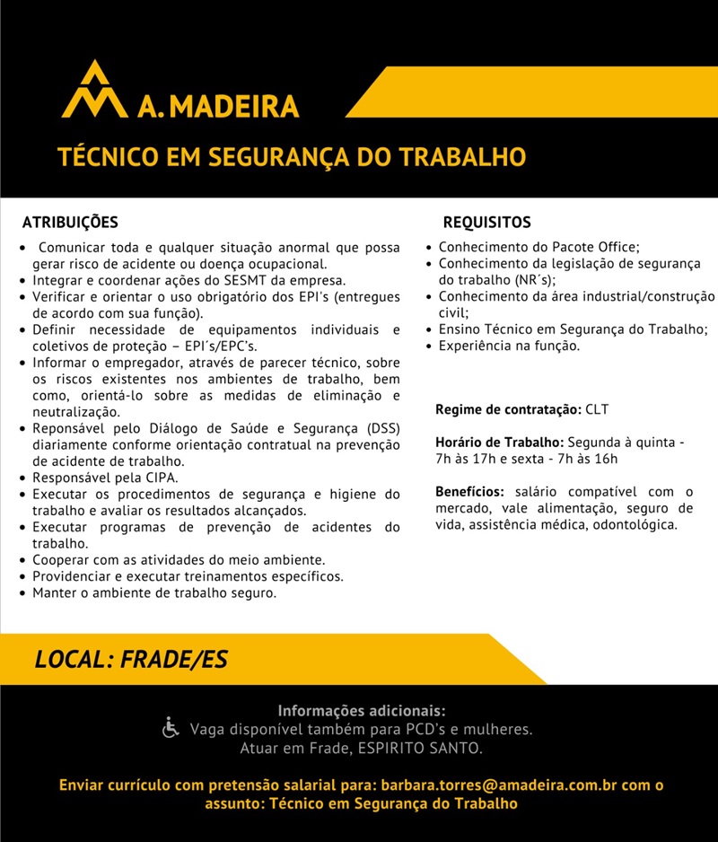 Vaga para Técnico em Segurança do Trabalho (Frade/ES)