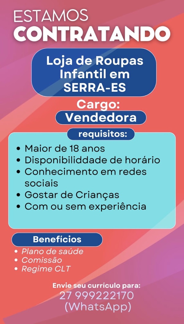 Loja de Roupas Infantil contrata Vendedora (Serra-ES)