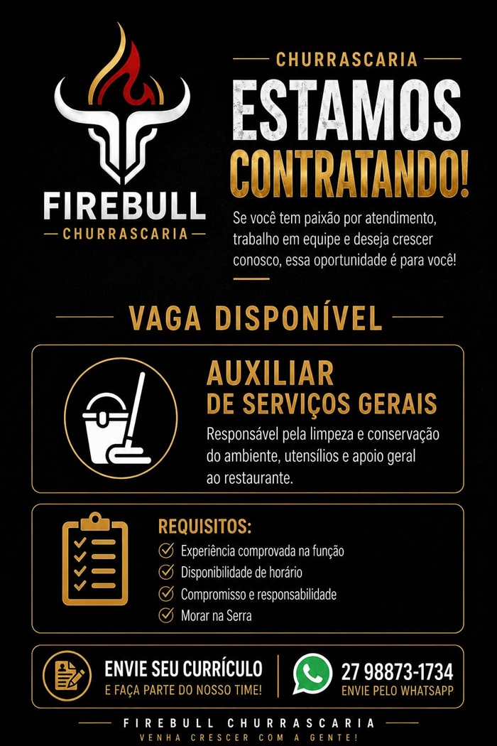 Firebull Steakhouse contrata Auxiliar de Serviços Gerais