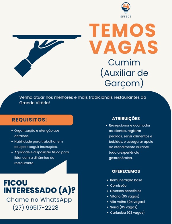 VAGA DE CUMIM (AUXILIAR DE GARÇOM)