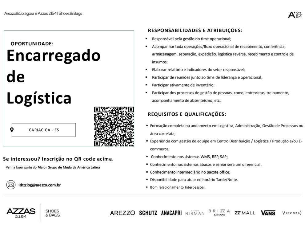 Vaga para Encarregado(a) de Logística