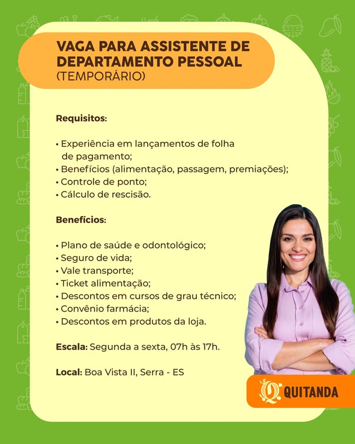 Quitanda contrata Assistente de Departamento Pessoal