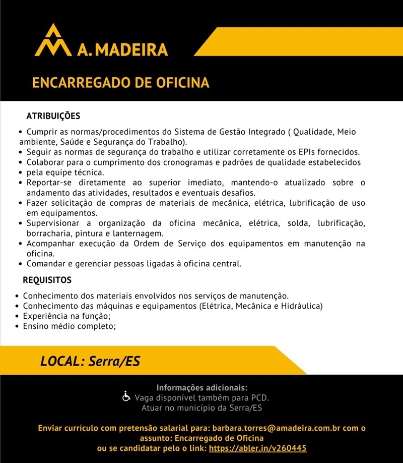 Vaga para Encarregado de Oficina