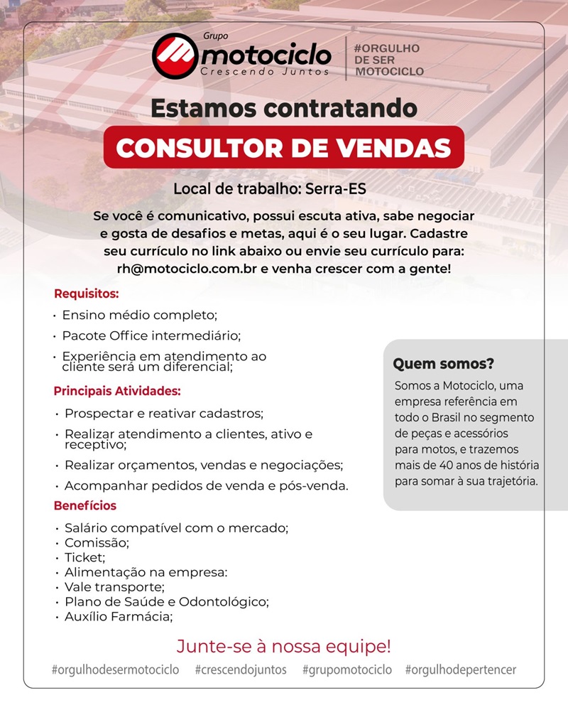 Grupo Motociclo contrata Consultor de Vendas