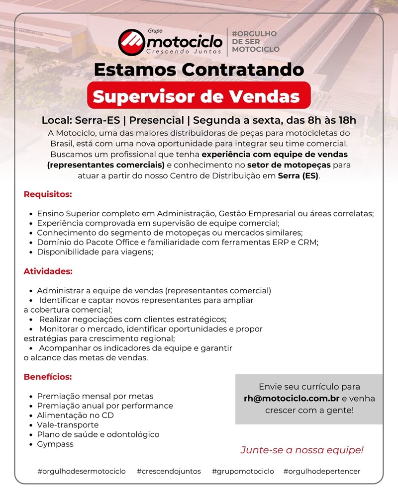 Grupo Motociclo contrata Supervisor de Vendas