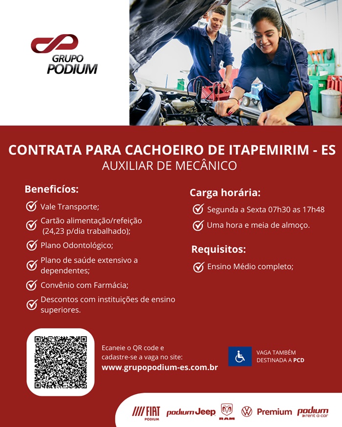 GRUPO PODIUM CONTRATA AUXILIAR DE MECÂNICO (CACHOEIRO)