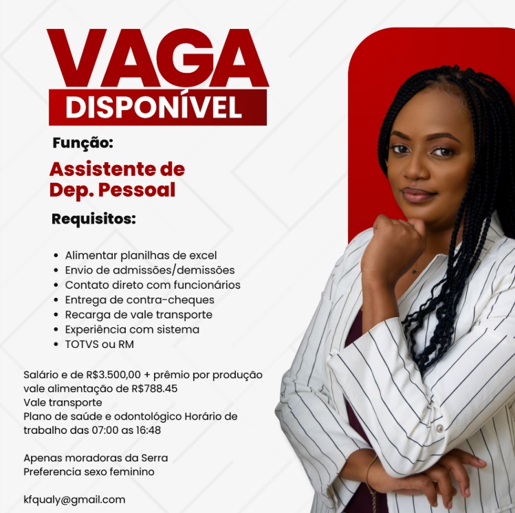 Vaga para Assistente de Departamento Pessoal