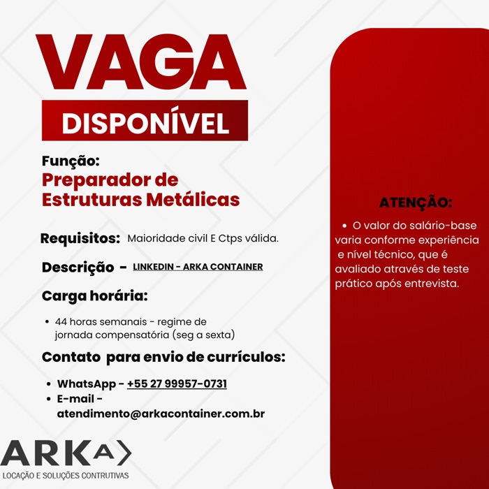 ARKA contrata Preparador de Estruturas Metálicas