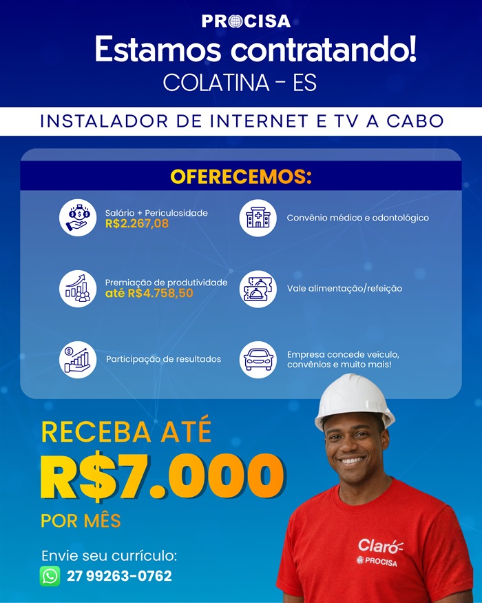 Vagas para Instalador de Internet e TV a Cabo