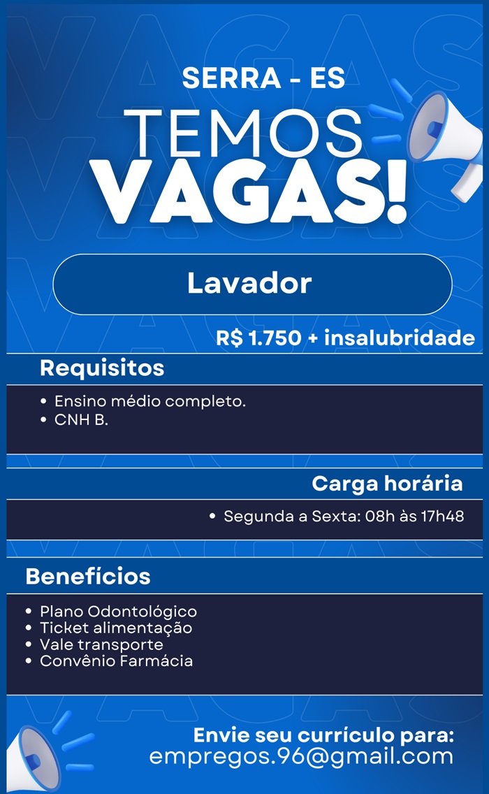 Vaga para Lavador de carros