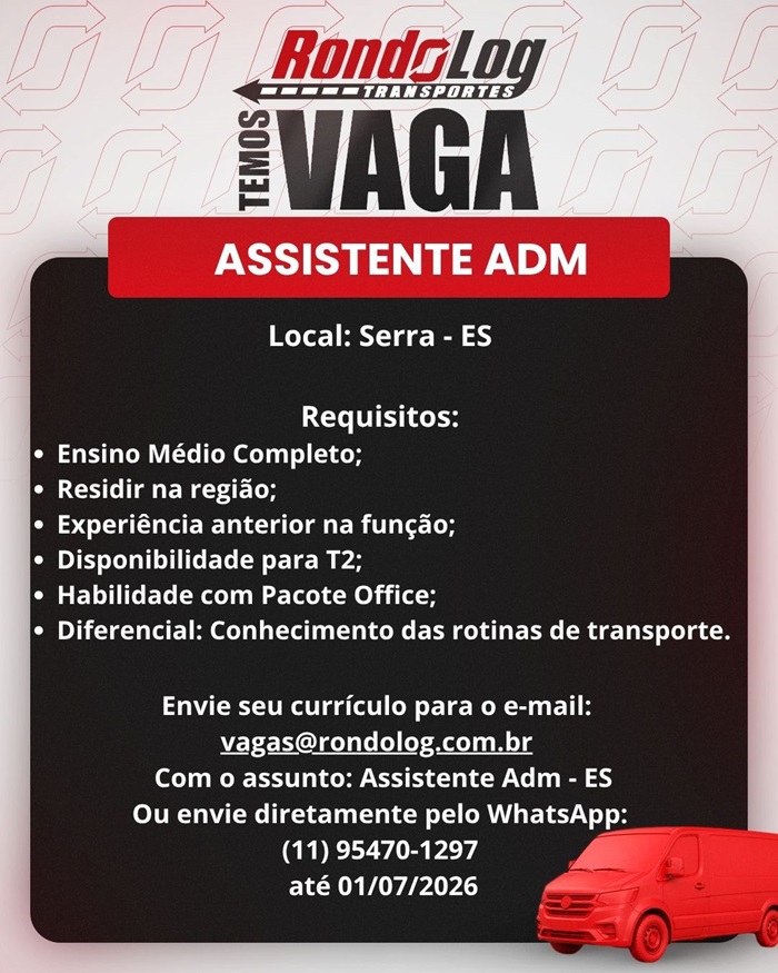 RondoLog Transportes contrata Assistente administrativo