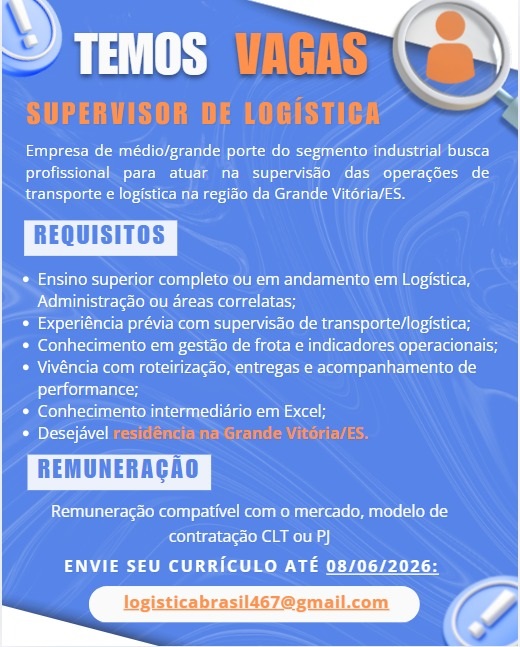 Vaga de Supervisor de Logística – Grande Vitória/ES