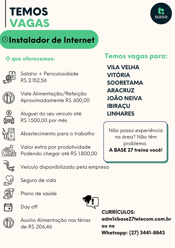 VAGAS DE INSTALADOR DE INTERNET