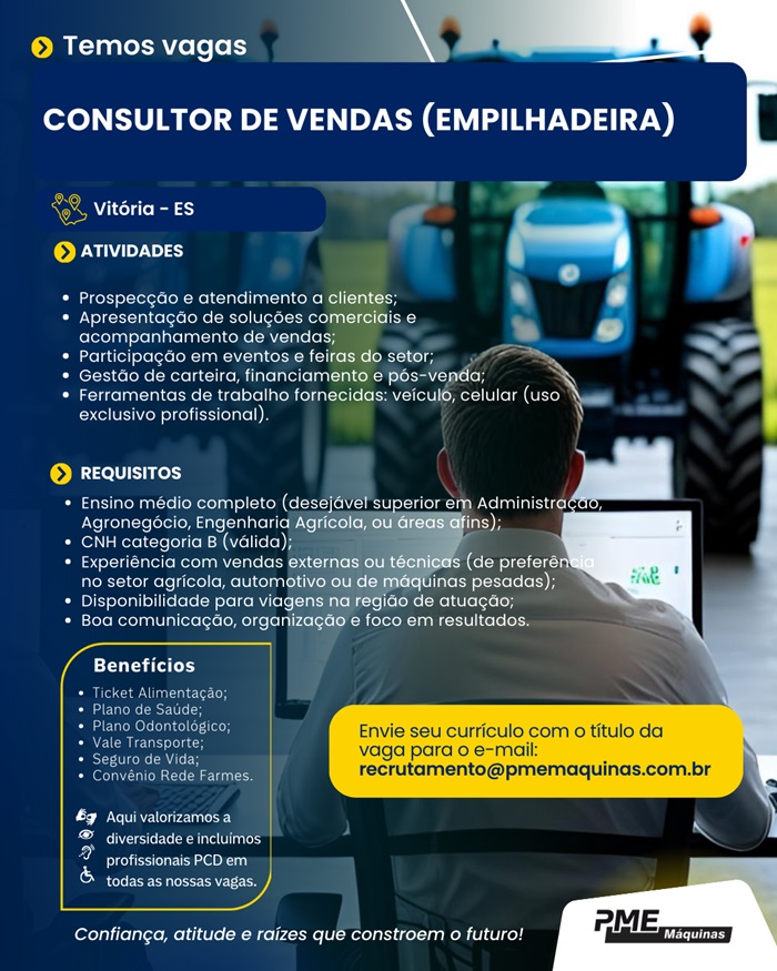 PME Máquinas contrata Consultor de Vendas (Empilhadeira)