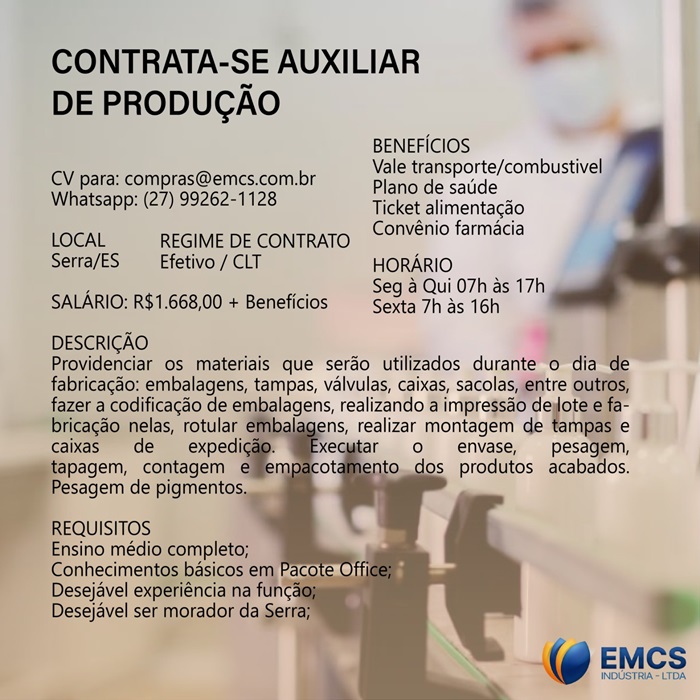 Vaga de Auxiliar de Produção (EMCS Indústria)