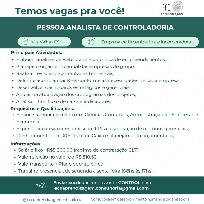 Vaga para Pessoa Analista de Controladoria