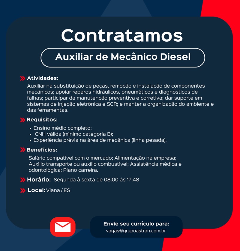Grupo Astran contrata Auxiliar de Mecânico Diesel