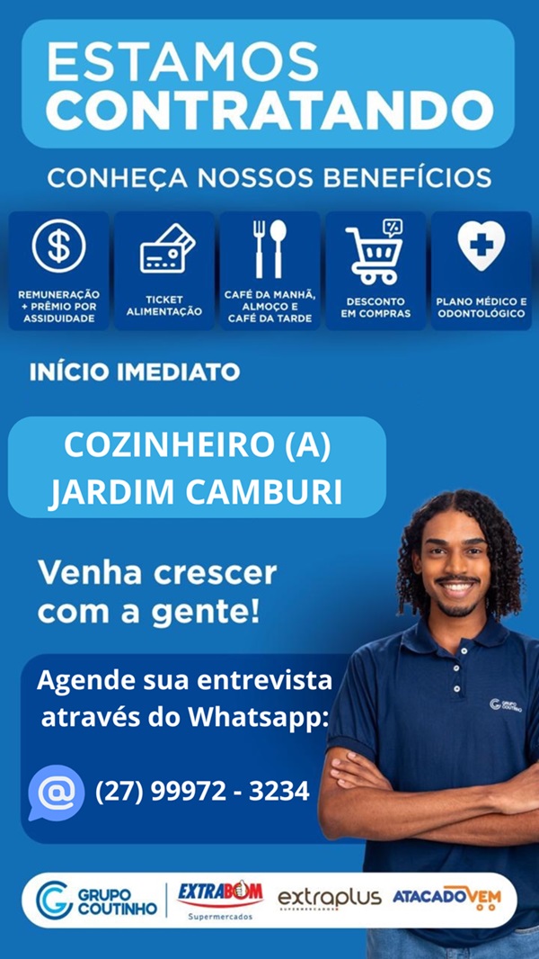 EXTRABOM ABRE VAGA DE COZINHEIRO EM JARDIM CAMBURI