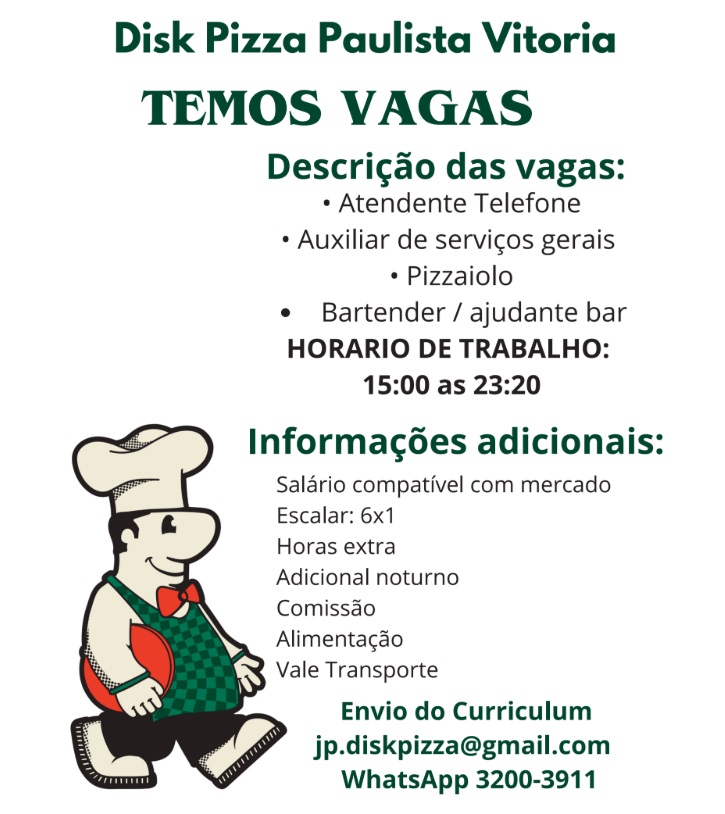 Disk Pizza Paulista Vitória abre diversas vagas de emprego