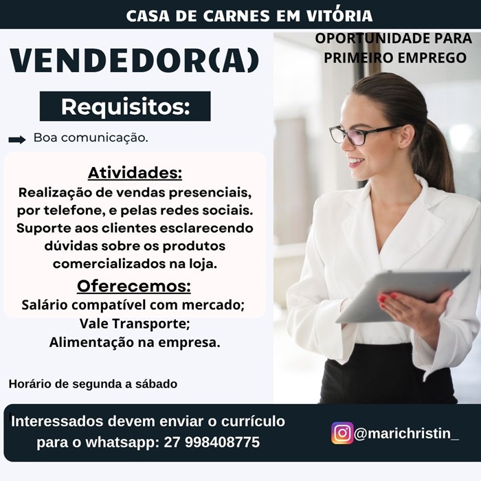 Casa de Carnes em Vitória contrata Vendedor(a)