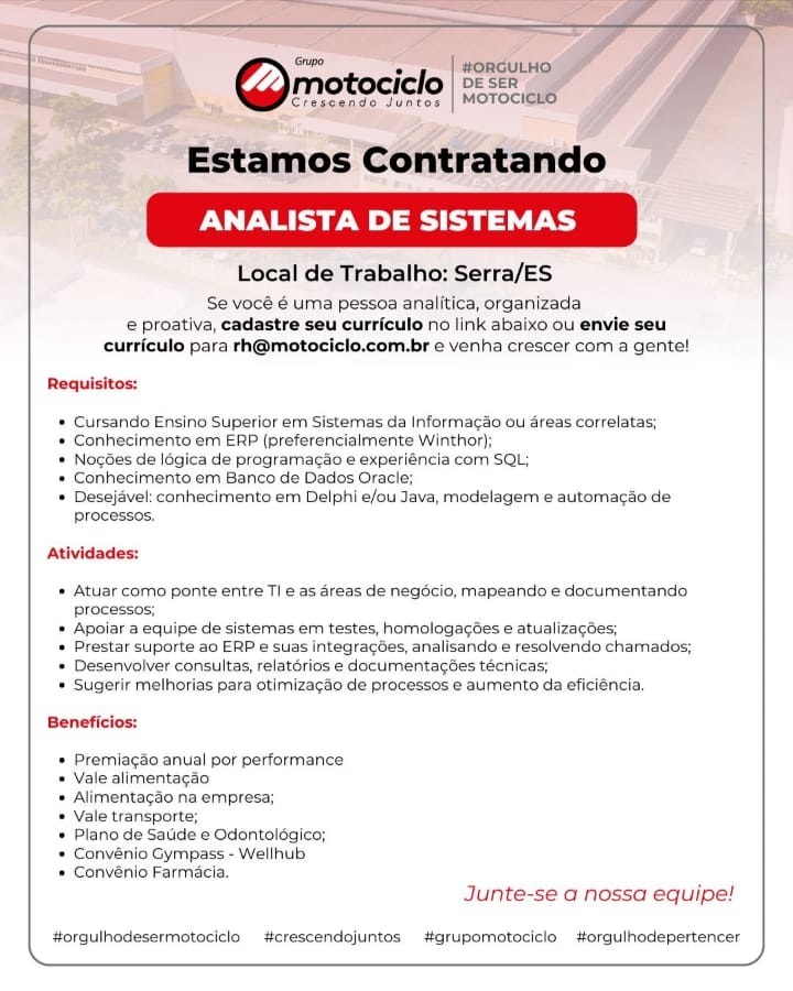 Grupo Motociclo contrata Analista de Sistemas