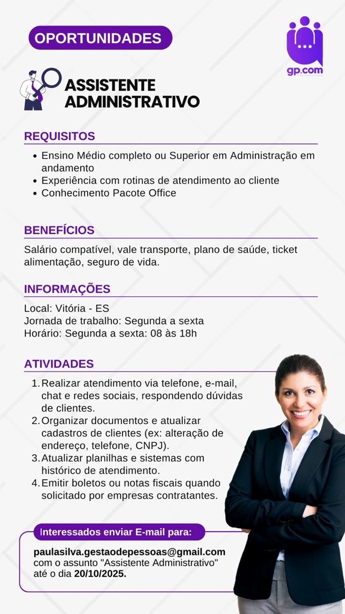 VAGA DE ASSISTENTE ADMINISTRATIVO