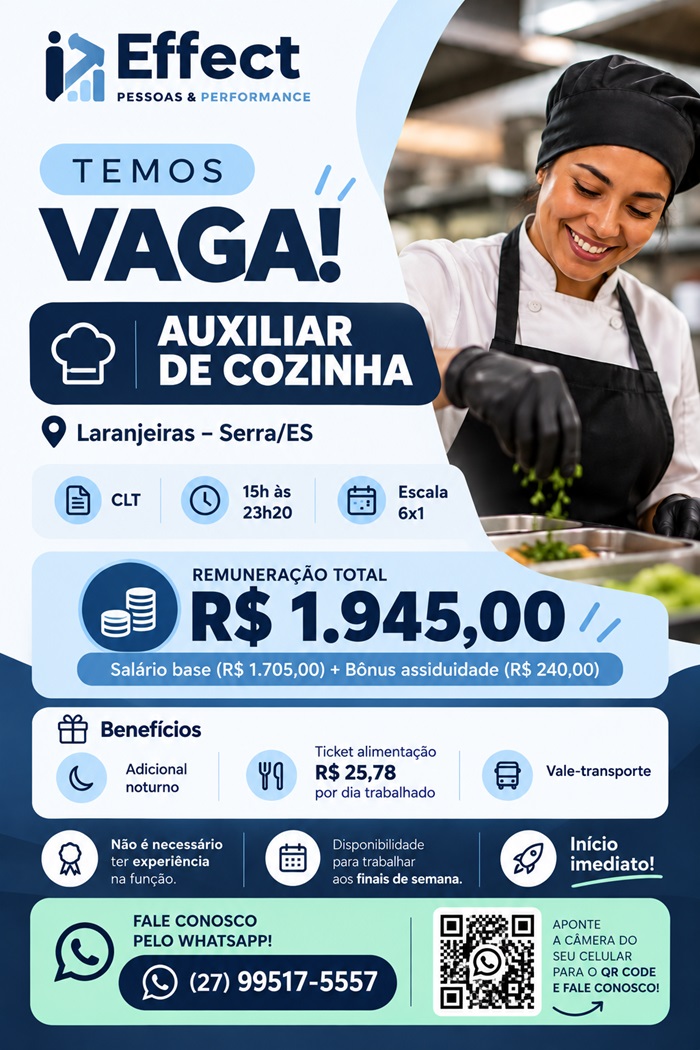 Vaga de Auxiliar de Cozinha (Laranjeiras – Serra)