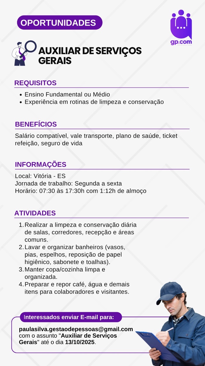 VAGA DE AUXILIAR DE SERVIÇOS GERAIS