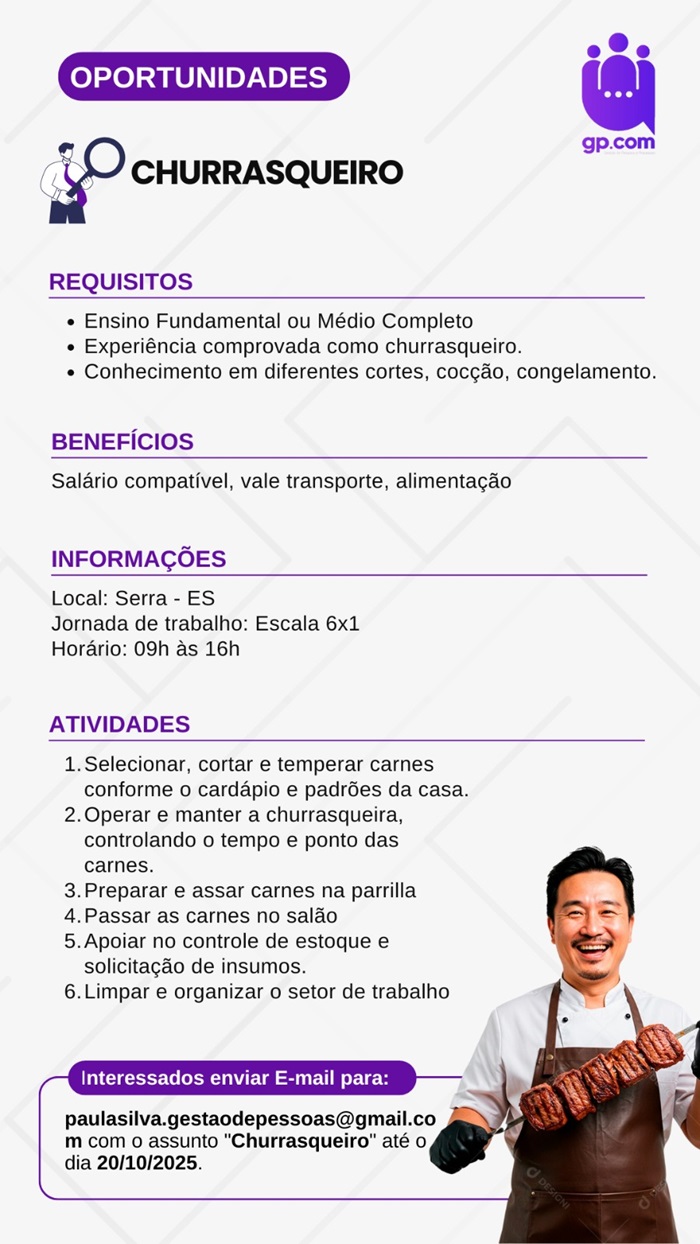 VAGA DE CHURRASQUEIRO