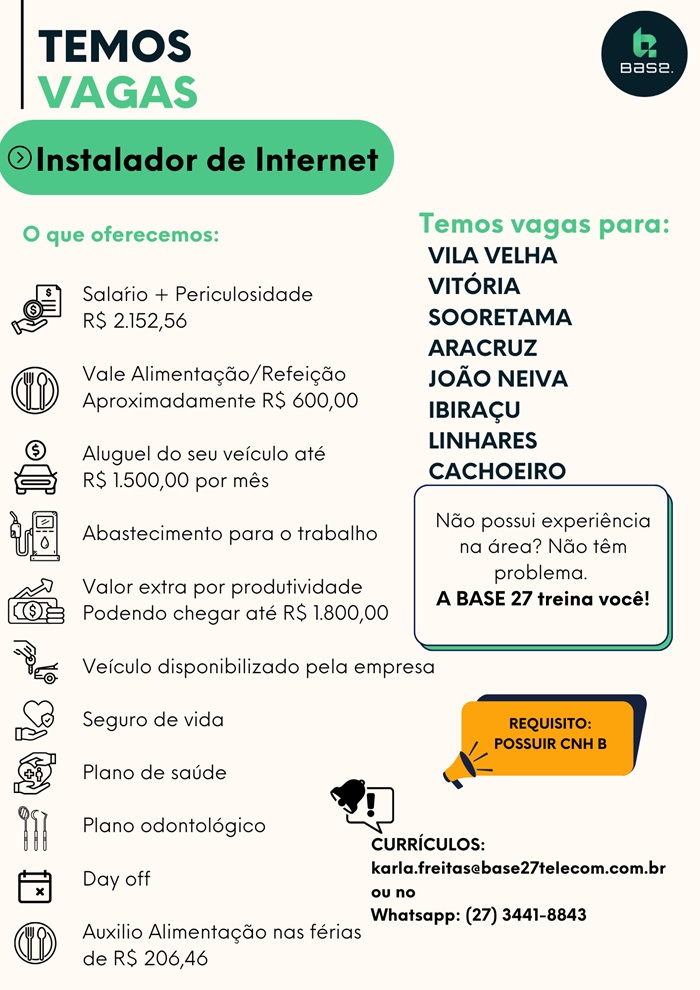 VAGAS DE INSTALADOR DE INTERNET