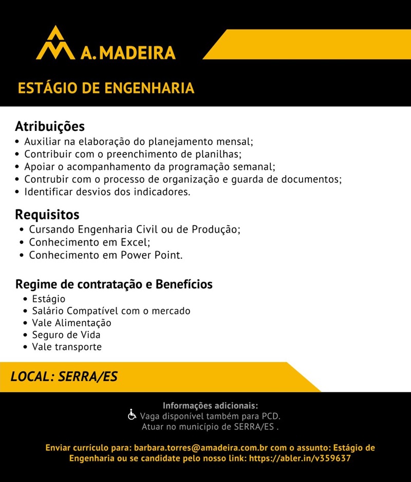 Grupo A. MADEIRA contrata Estagiário de Engenharia