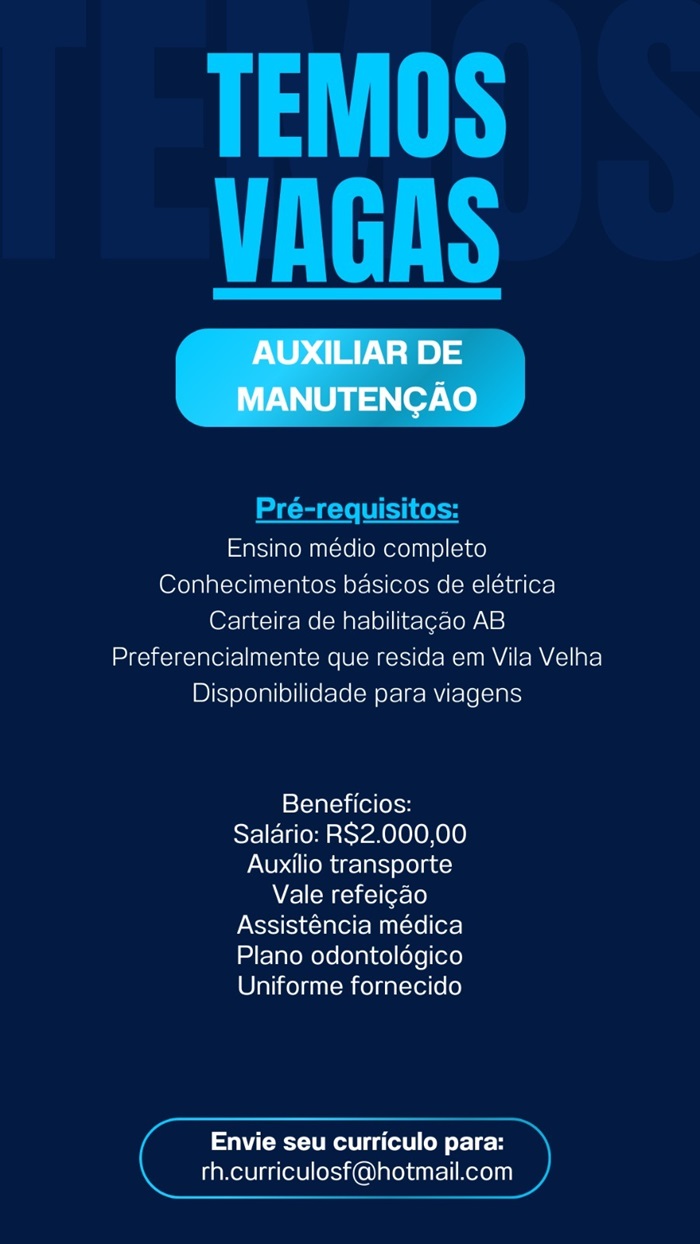 Vaga para Auxiliar de Manutenção