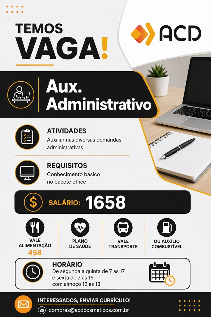 ACD Cosméticos contrata Auxiliar Administrativo 