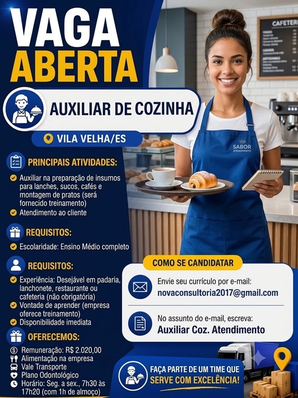 Vaga para Auxiliar de Cozinha e Atendimento