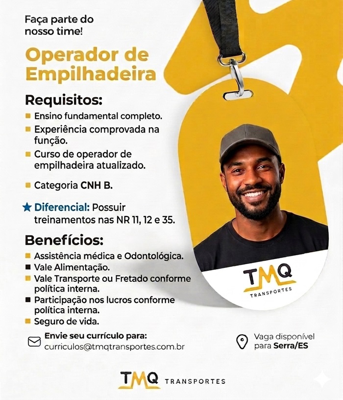 TMQ Transportes contrata Operador de Empilhadeira