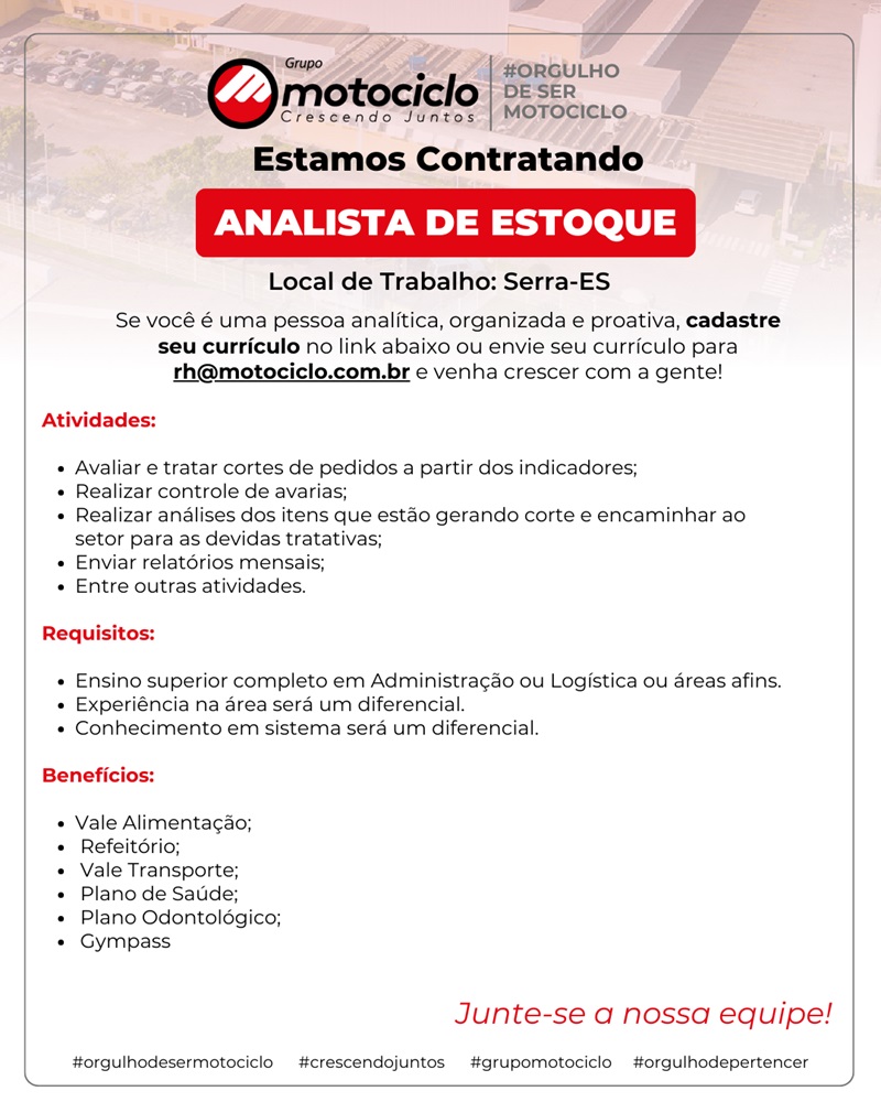 Grupo Motociclo contrata Analista de Estoque
