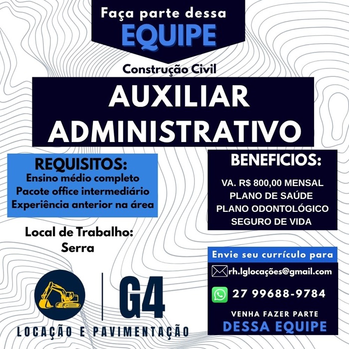 G4 Locação e Pavimentação contrata Auxiliar Administrativo